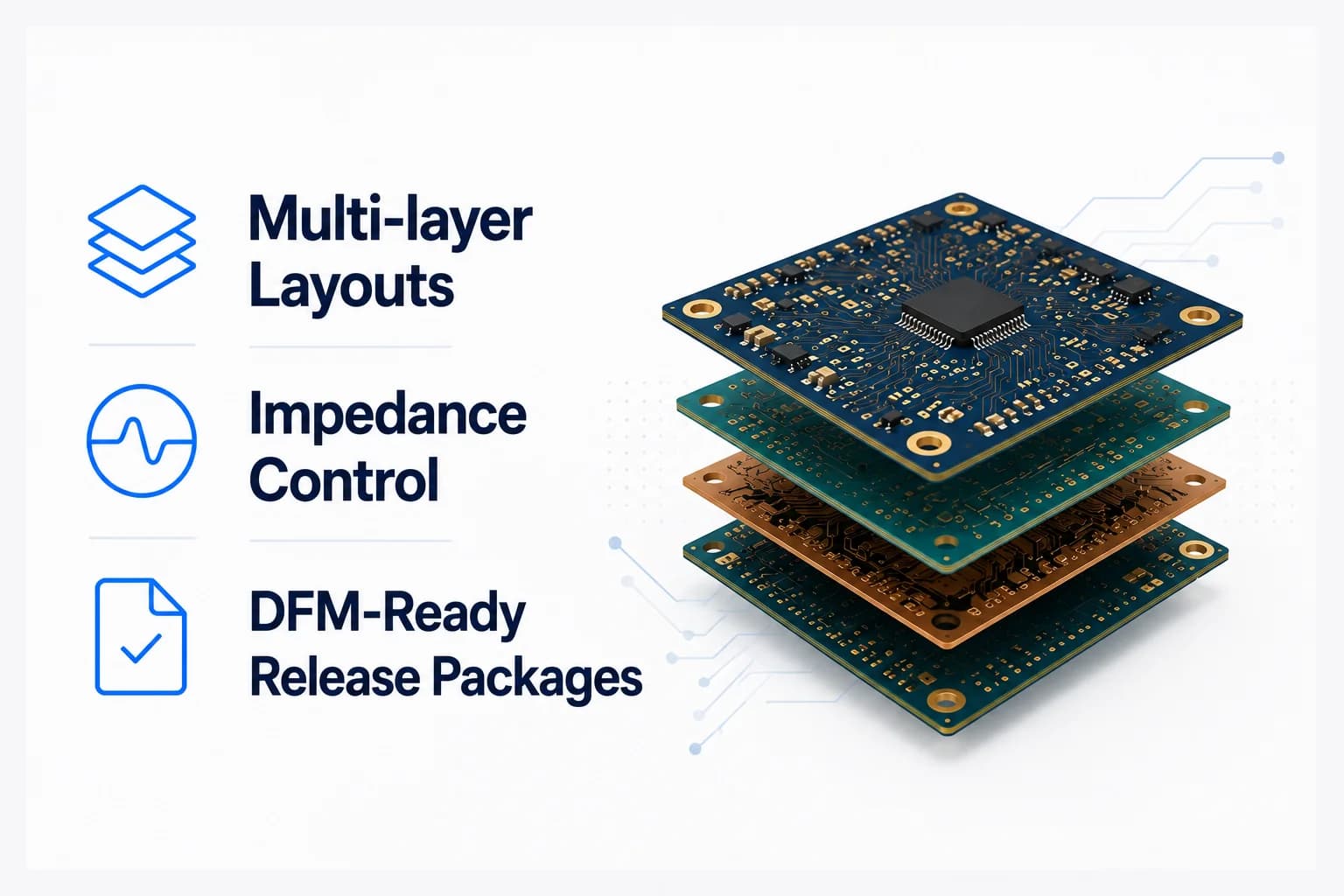 Multi-layer PCB schematic design and component layout optimized for signal integrity and Design for Manufacturing (DFM).