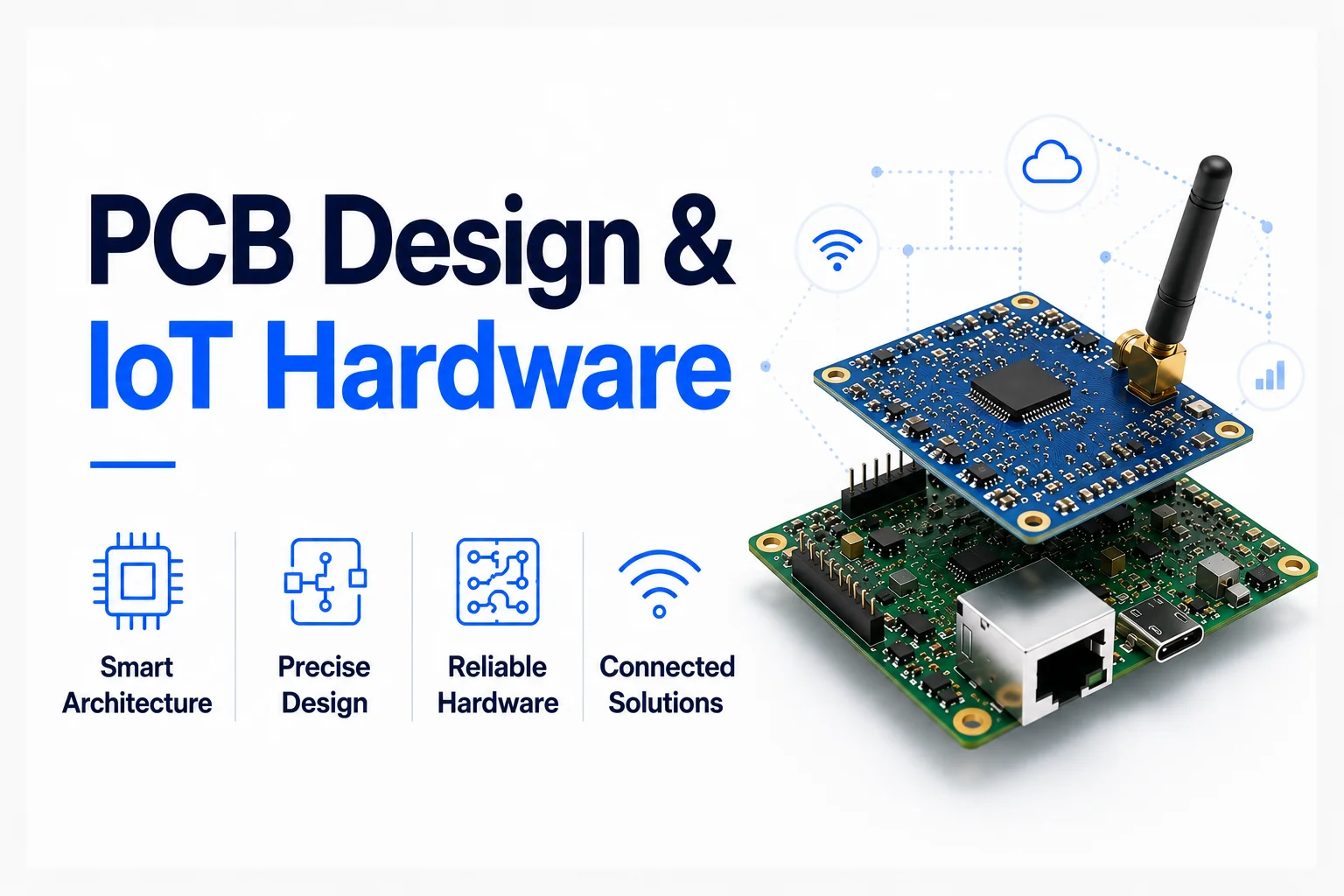 High-density printed circuit board design showcasing surface-mount components and IoT microcontroller integration for commercial production.