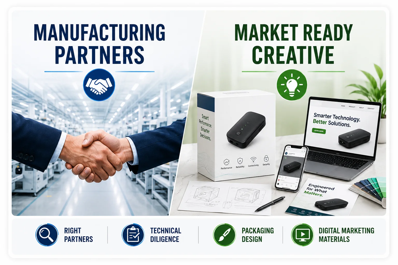 Manufacturing partners and market-ready creative assets supporting commercial product launch and go-to-market programs.